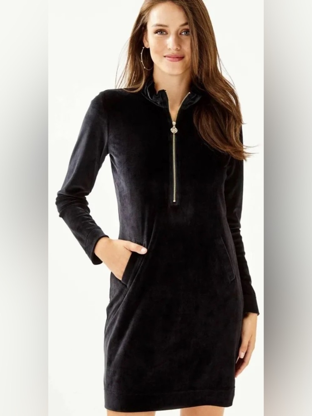 LILLY PULITZER Skipper Popover Crushed Velvet Dress Black Gold Size XXS